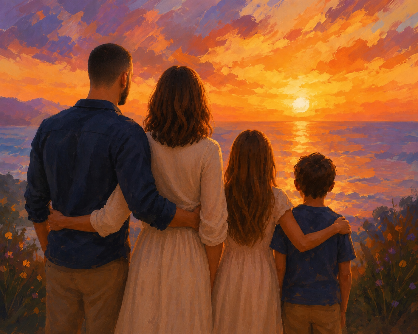 The Shateaux family looking out over the Gulf Coast at sunset